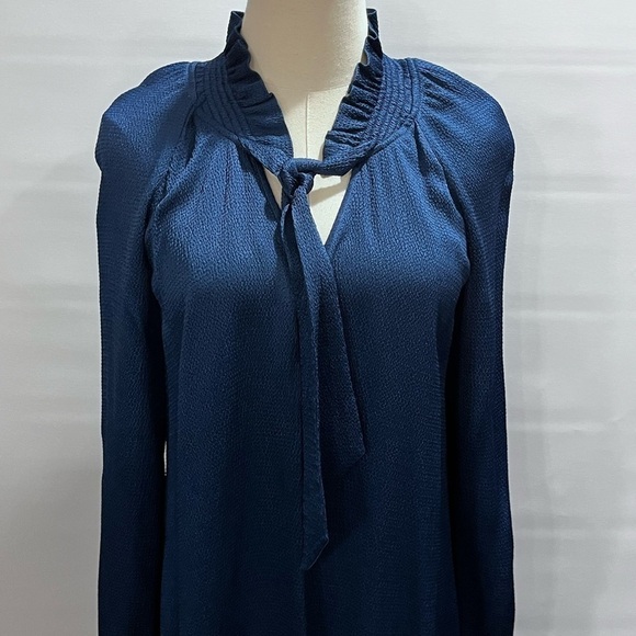 Sandro Paris V-Neck Blue Textured Mini Shift Dress Neck Tie Long Sleeve Sz 36 - Picture 7 of 16